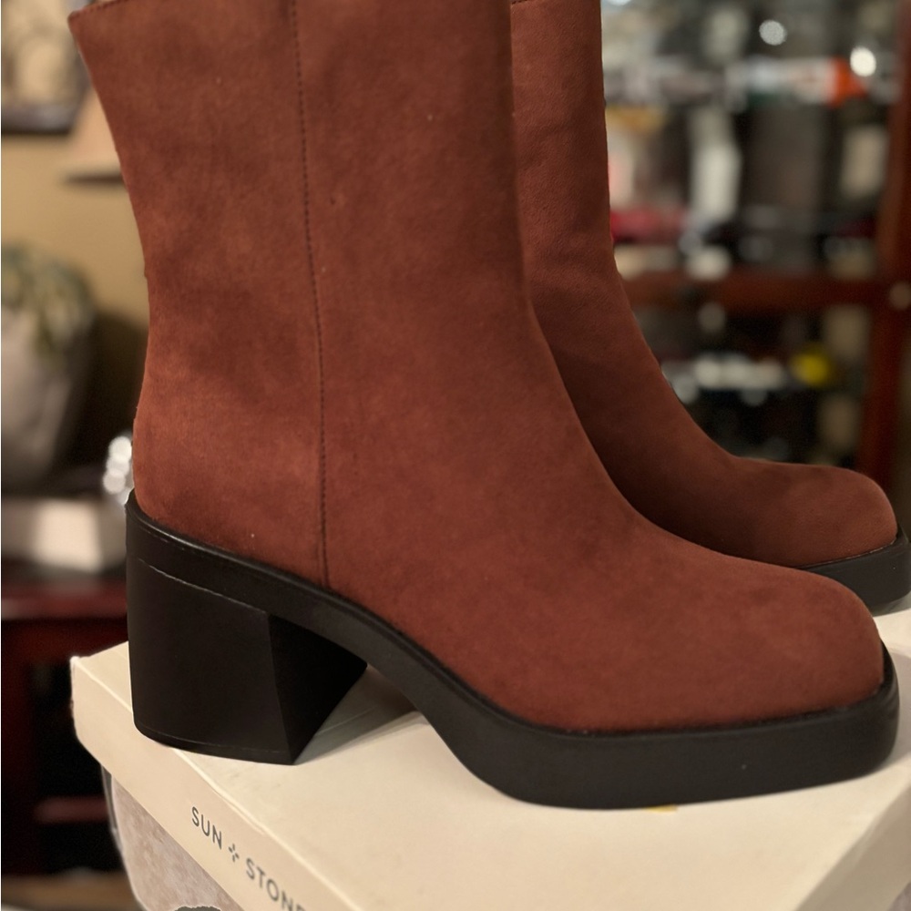 Sun + Stone Brown Heeled Boots with Chunky Heel